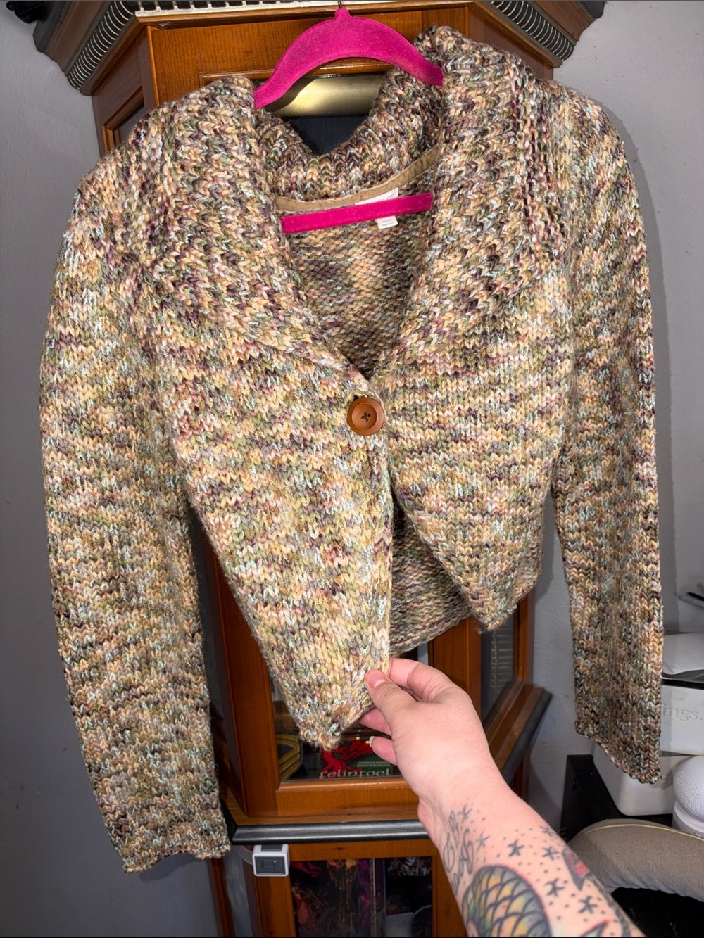 Maurices Multicolor Shawl-Collar Knit Cardigan in Beige and Pink Tones